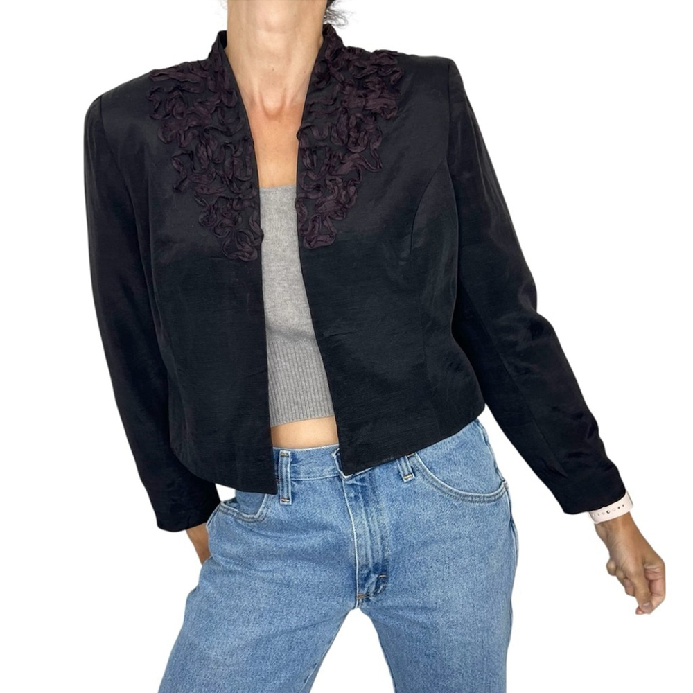 Vintage 80s Mister Leonard black applique cropped open front jacket blazer M - Picture 3 of 13